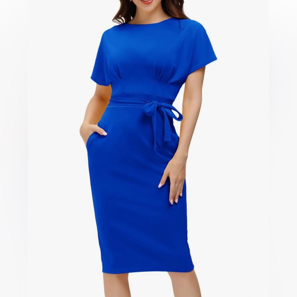 NWT Royal Blue Pencil Bodycon Dress with removable tie belt - POCKETS!! - Medium